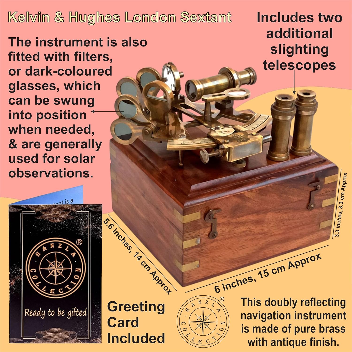Antique Brass Sextant with Two Extra Telescopes and Wooden Box view 2