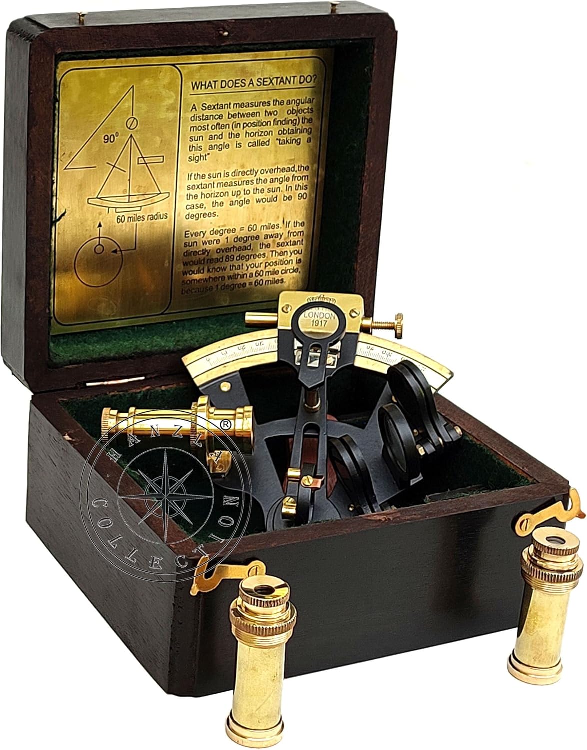 Black Powder Coated Brass Sextant with Two Extra Telescopes and Wooden Box view 3