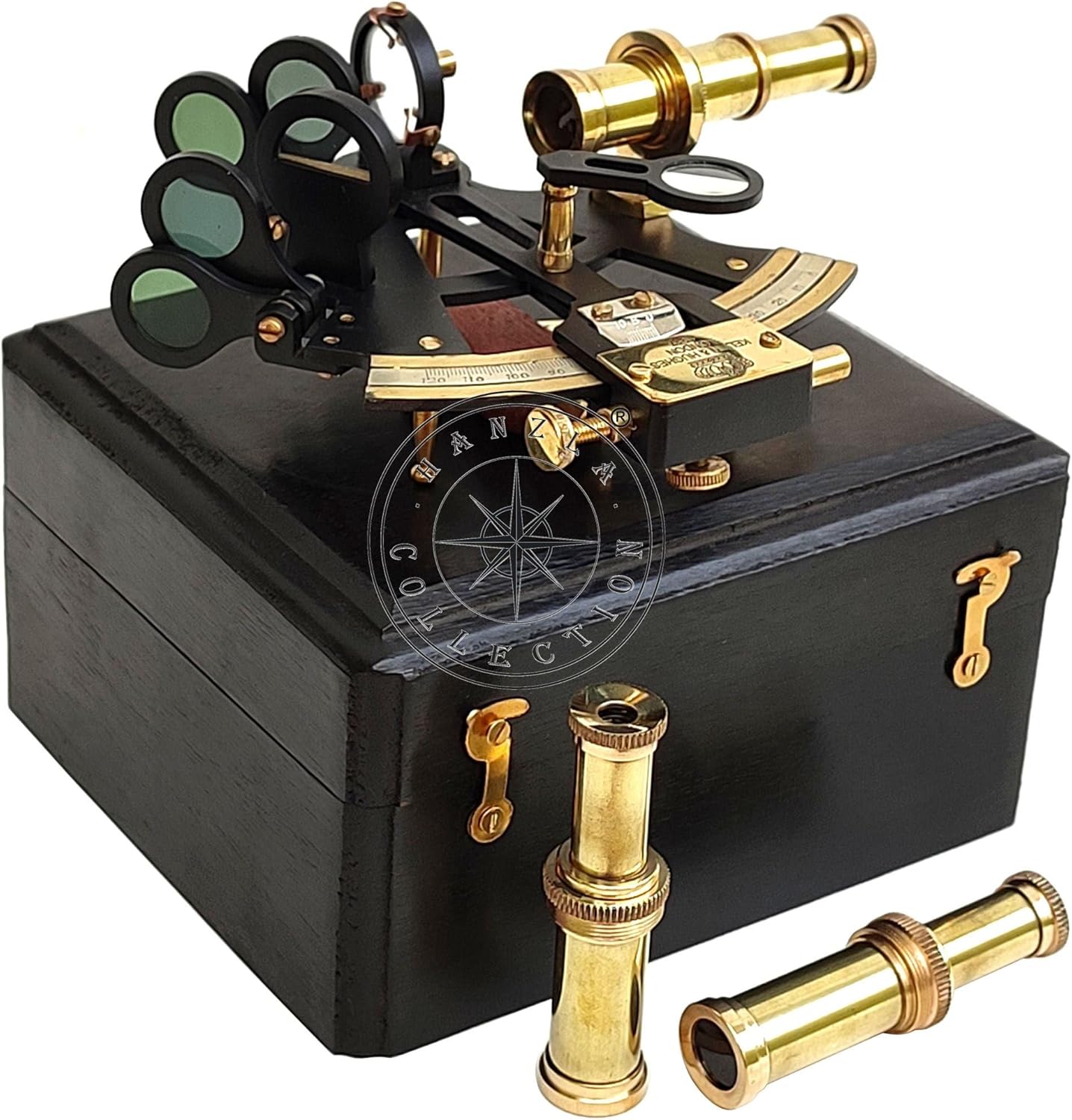 Black Powder Coated Brass Sextant with Two Extra Telescopes and Wooden Box view 4
