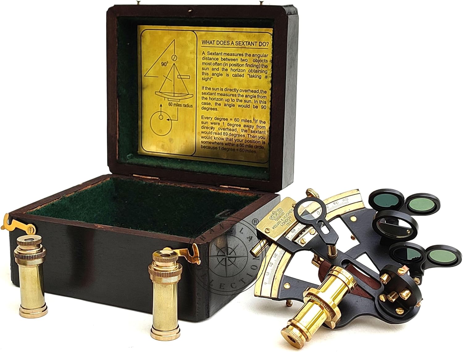 Black Powder Coated Brass Sextant with Two Extra Telescopes and Wooden Box view 8