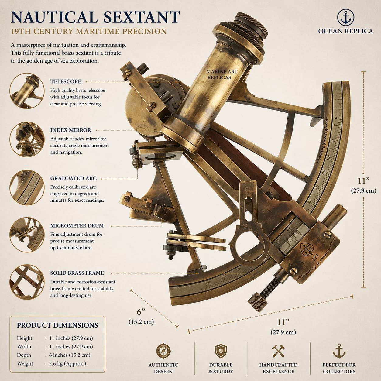 Antique Brass Marine Captain Sextant with Wooden Box view 8