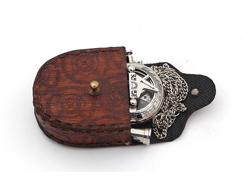 Brass Sundial Compass Pendant with Red Leather Case view 3