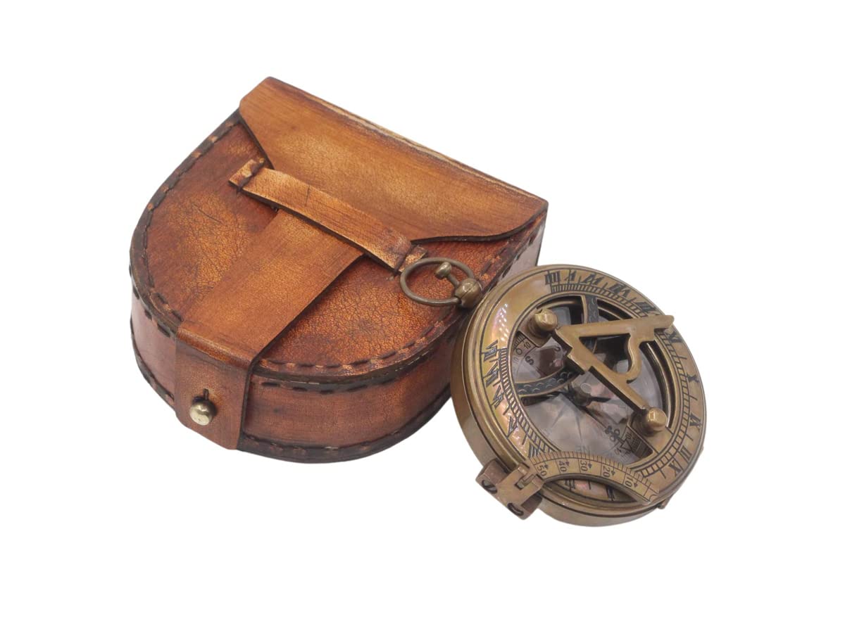Brass Sundial Compass Pendant with Red Leather Case view 7