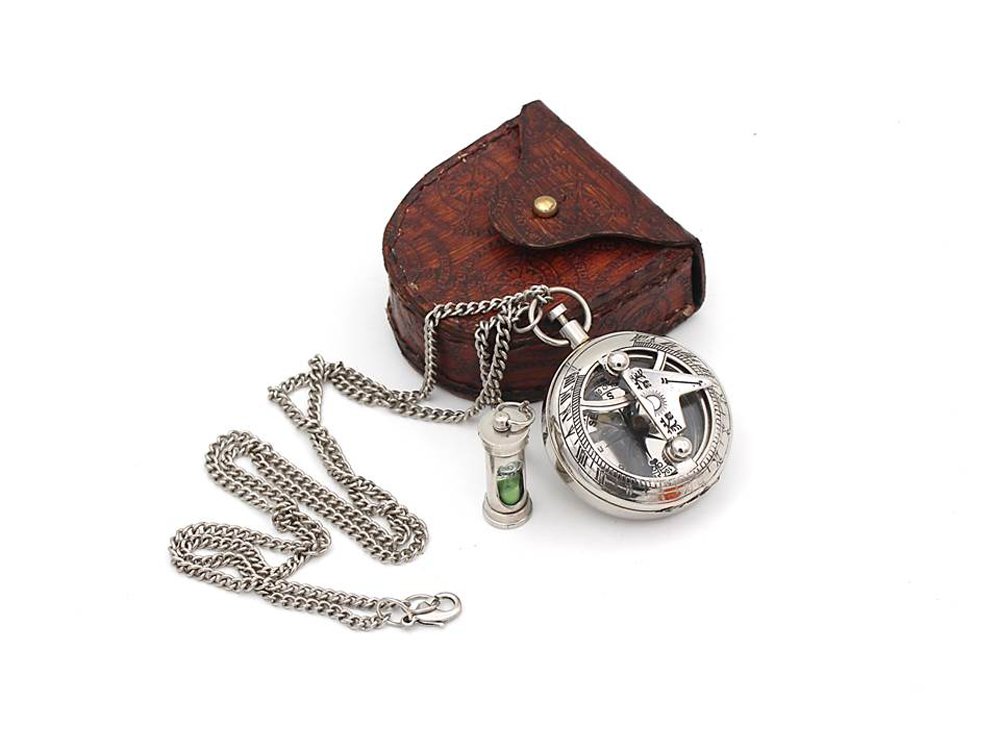 Brass Sundial Compass Pendant with Red Leather Case view 10