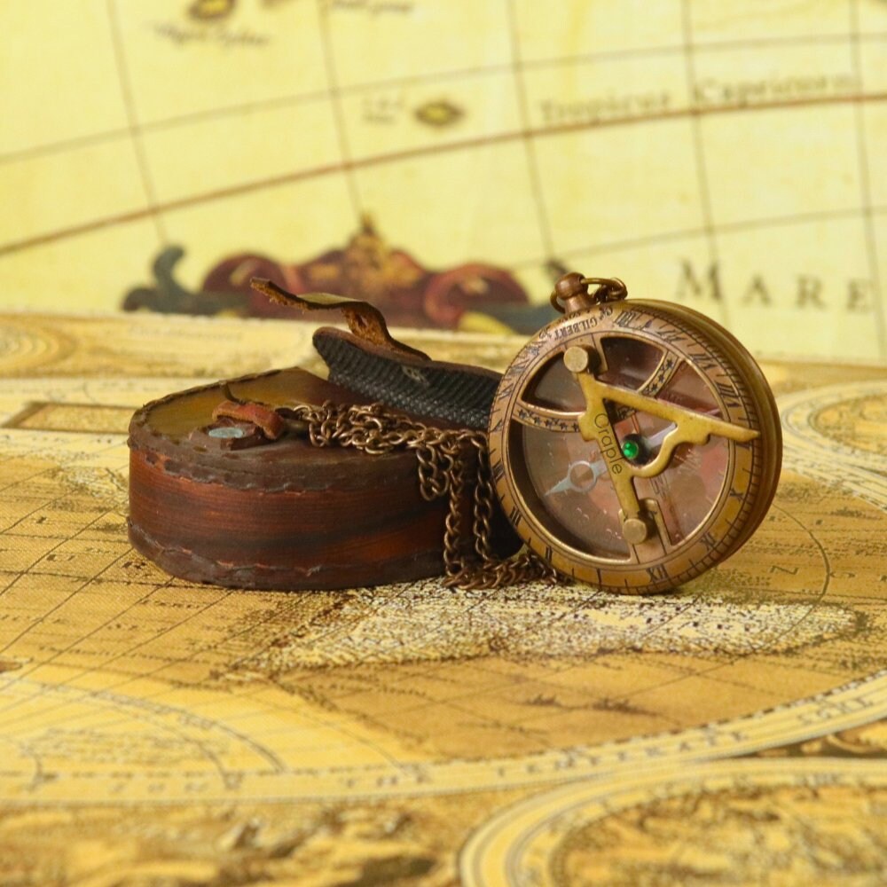 Brass Sundial Compass Pendant with Leather Case view 8