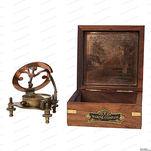 Antique Brass Sundial Compass with Fitted Wooden Presentation Box view 3