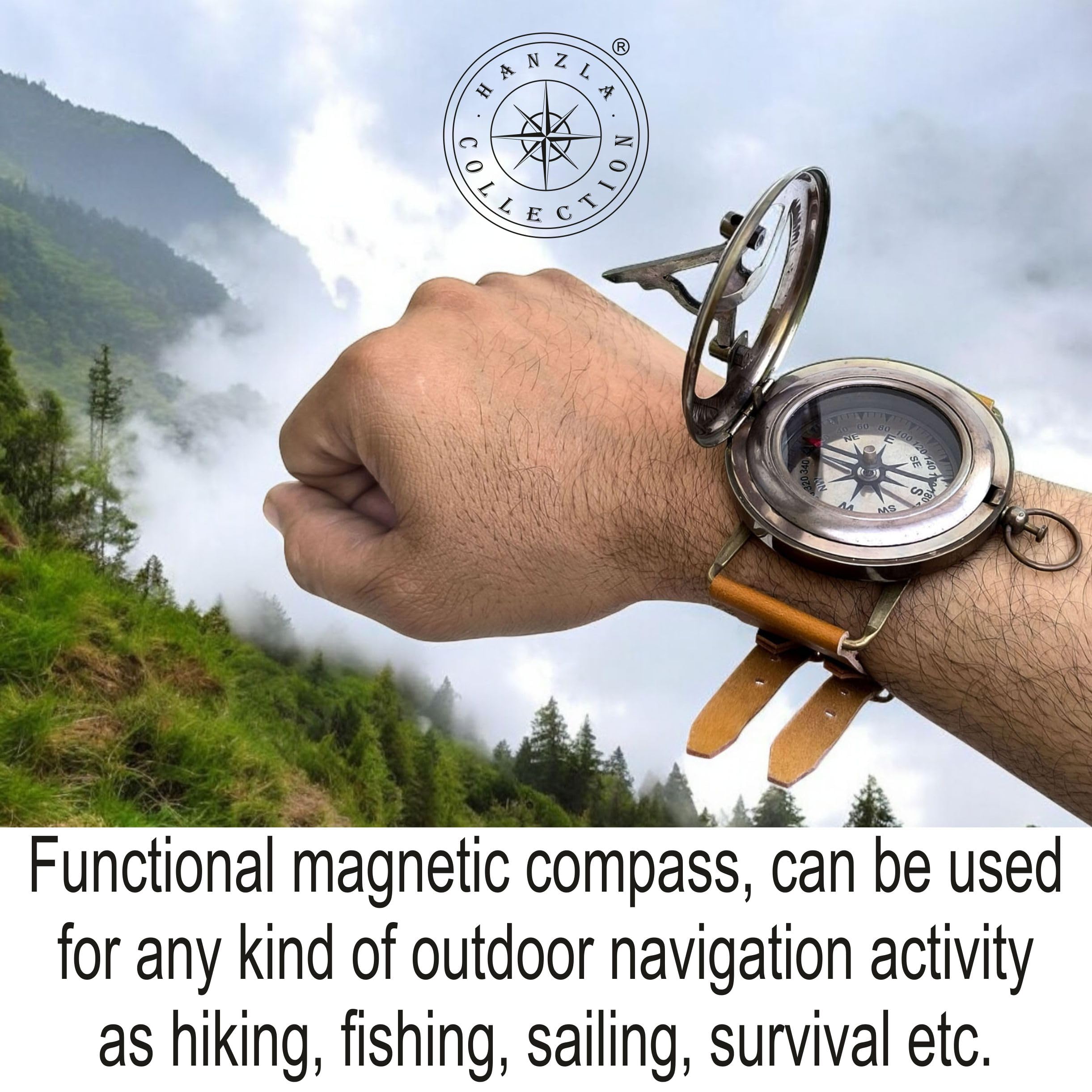 Brass Wrist Sundial Compass with Leather Strap view 7