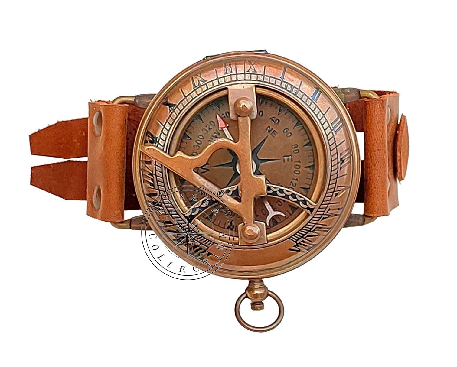 Brass Wrist Sundial Compass with Leather Strap view 10