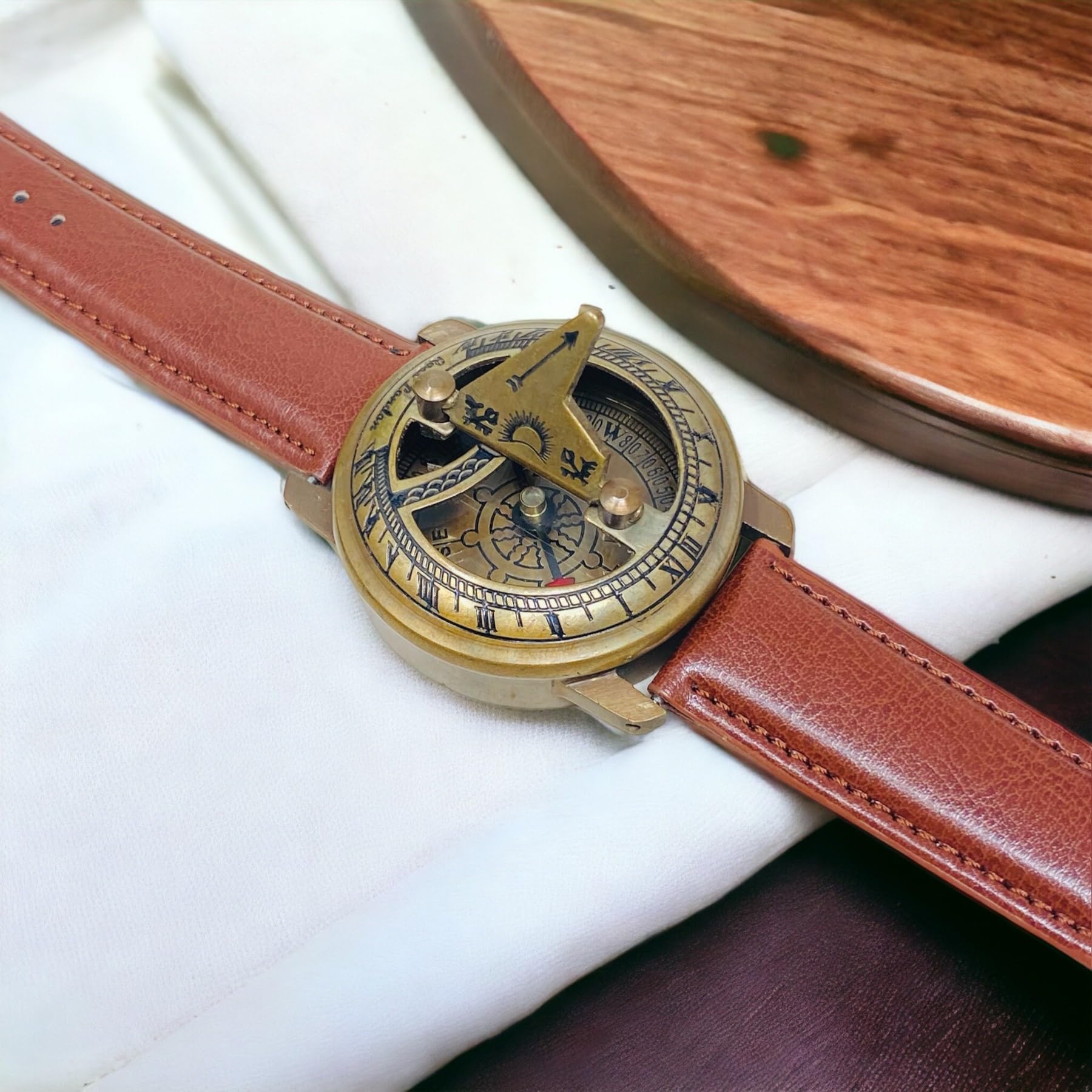 Brass Wrist Sundial Compass with Red Strap view 3