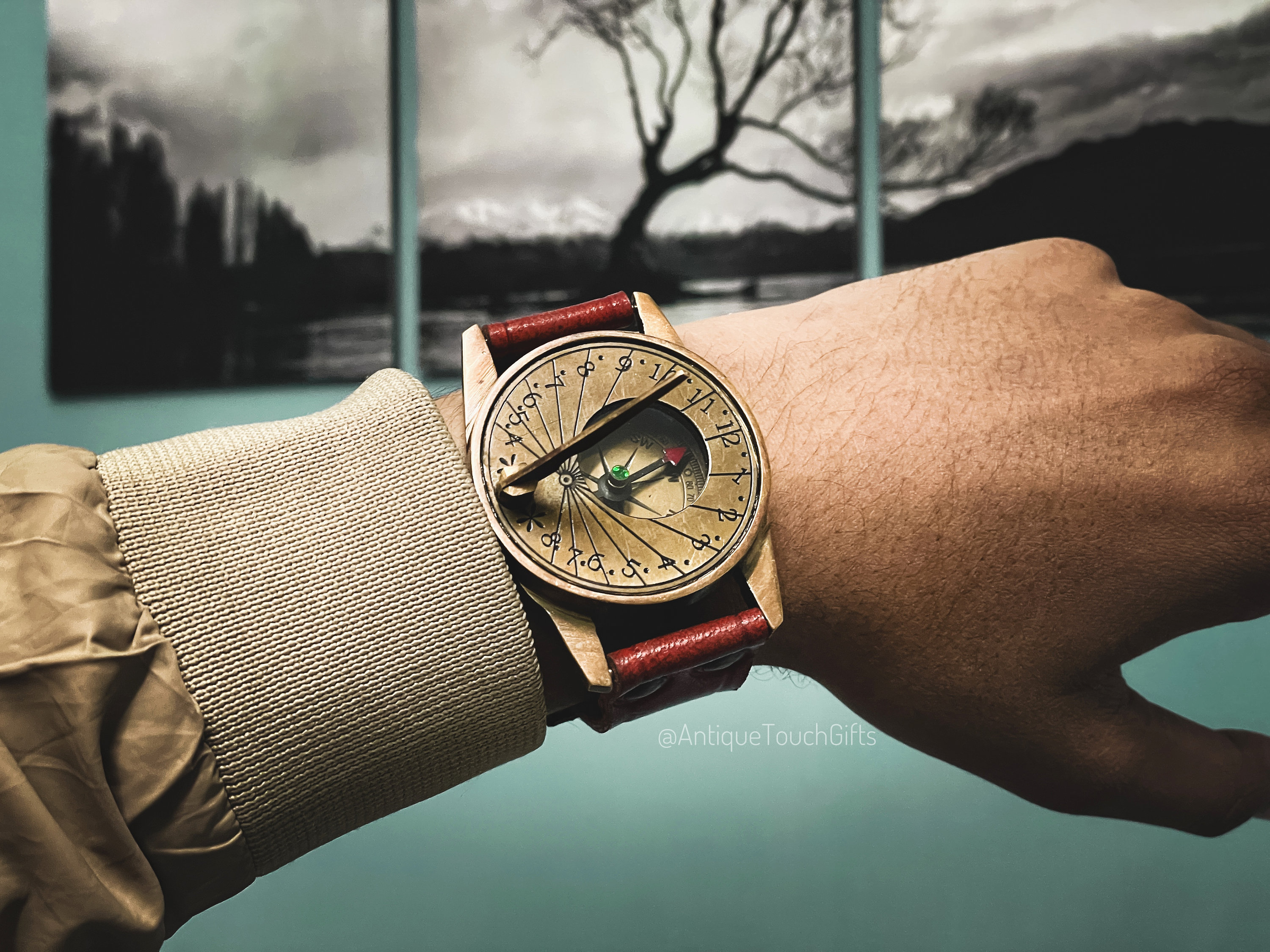 Brass Wrist Sundial Compass with Red Strap view 2