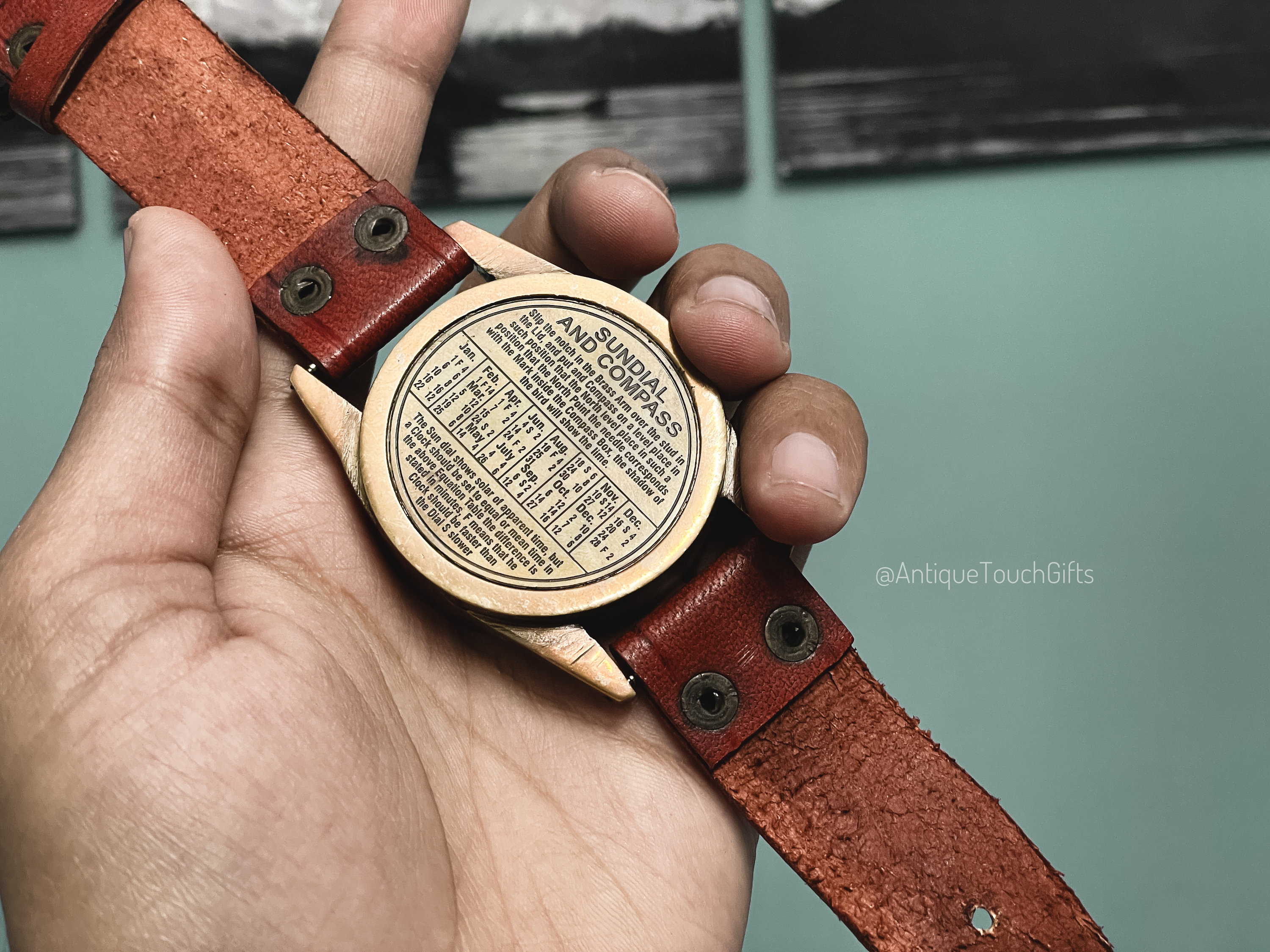Brass Wrist Sundial Compass with Red Strap view 5