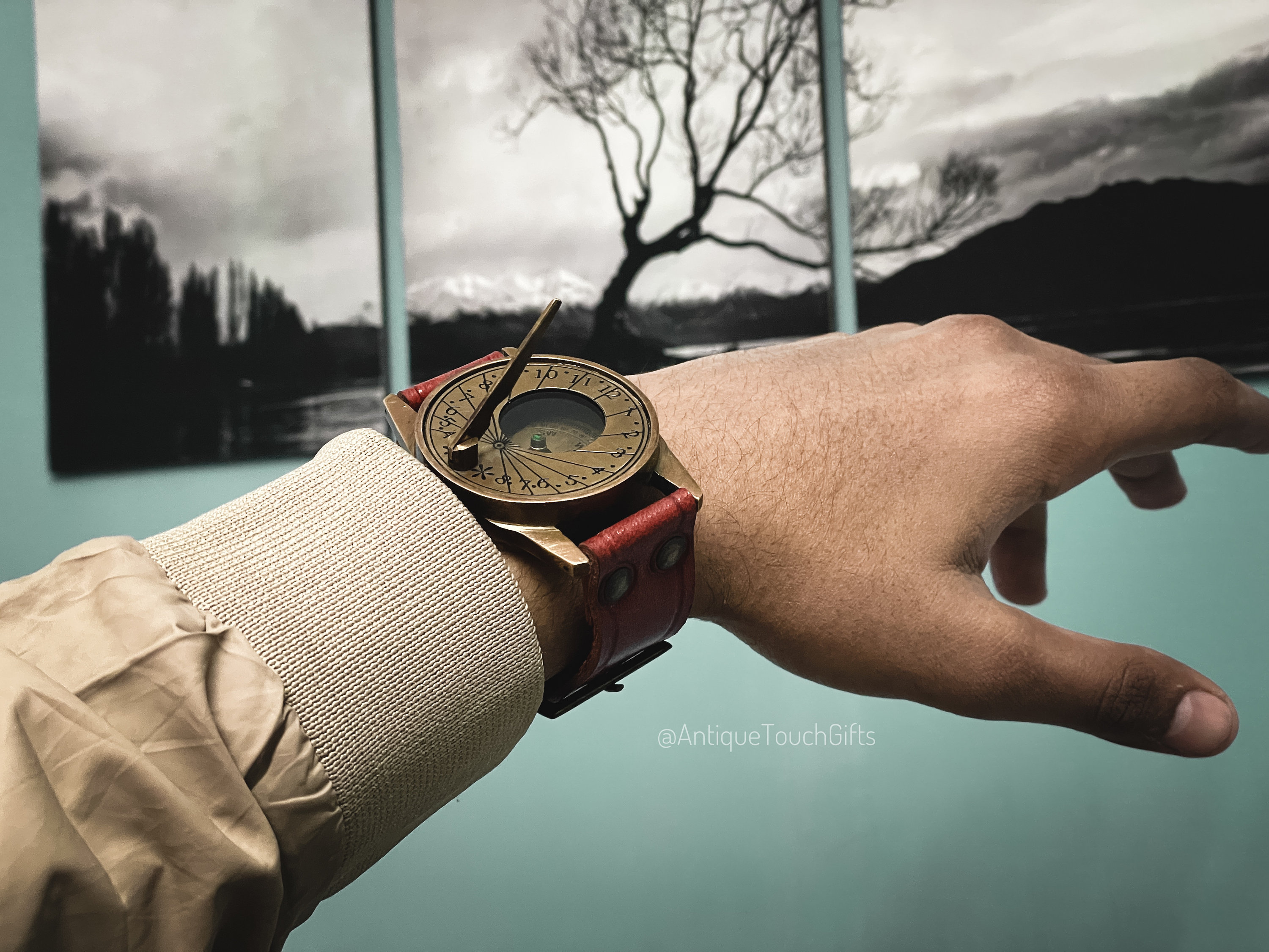 Brass Wrist Sundial Compass with Red Strap view 7