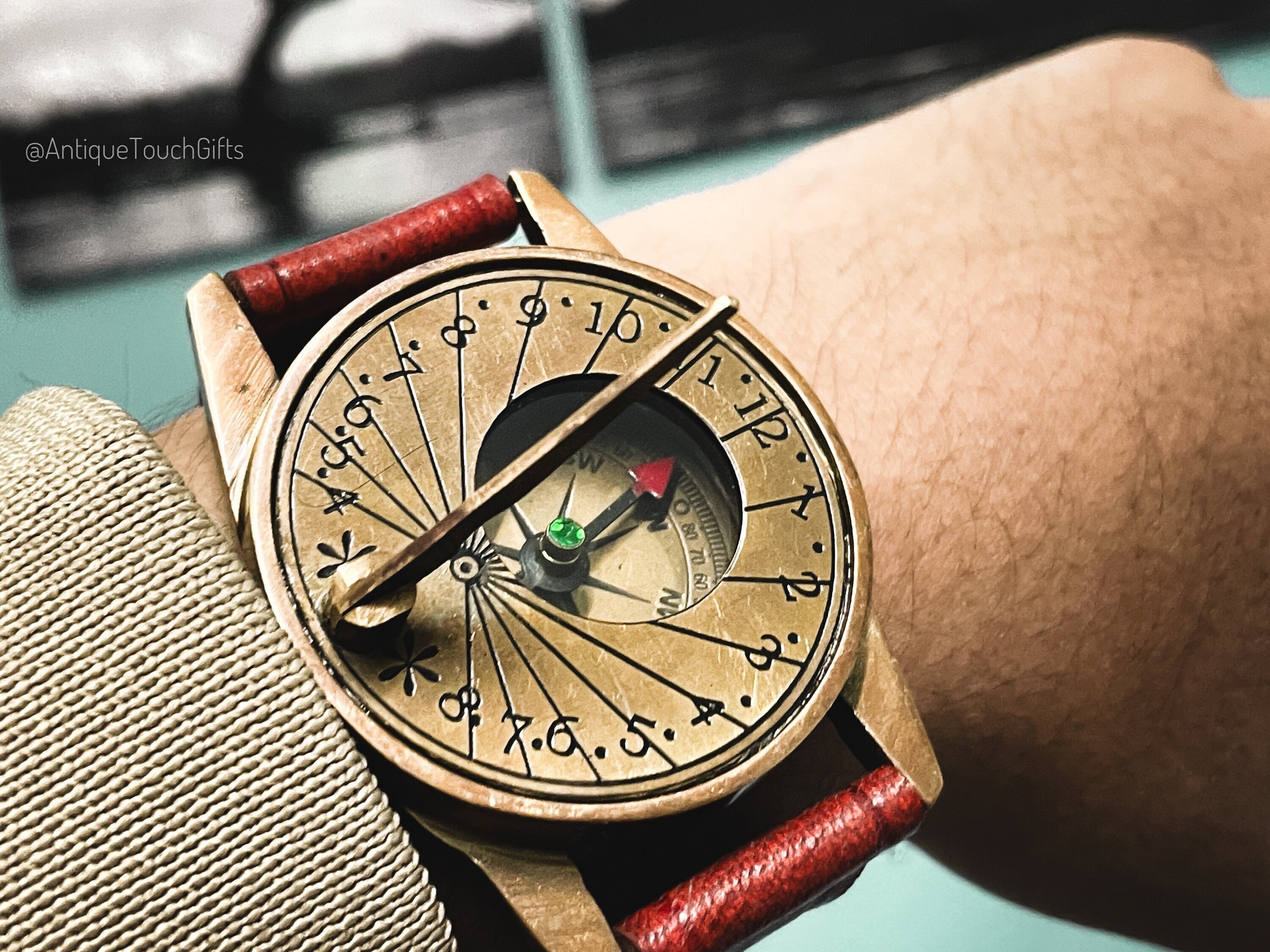 Brass Wrist Sundial Compass with Red Strap view 8