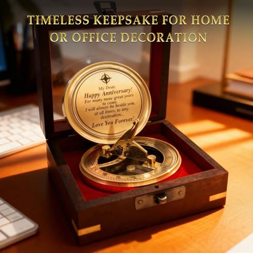 Antique Brass Sundial Compass with Glass-Topped Wooden Presentation Box view 9