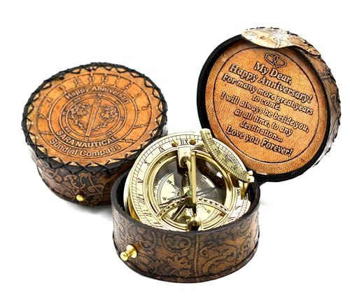 Polished Brass Sundial Compass with Genuine Leather Carry Case view 2