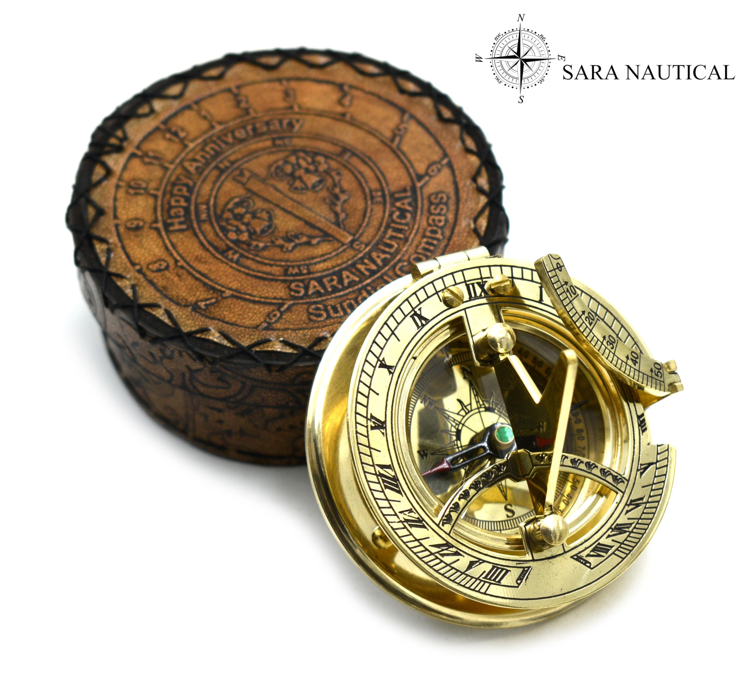 Polished Brass Sundial Compass with Genuine Leather Carry Case view 8