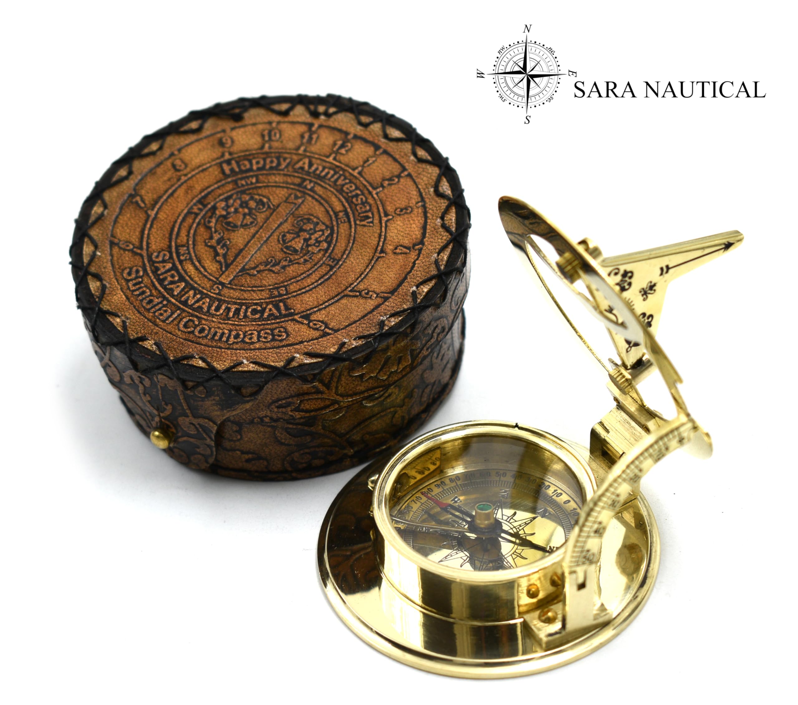 Polished Brass Sundial Compass with Genuine Leather Carry Case view 12