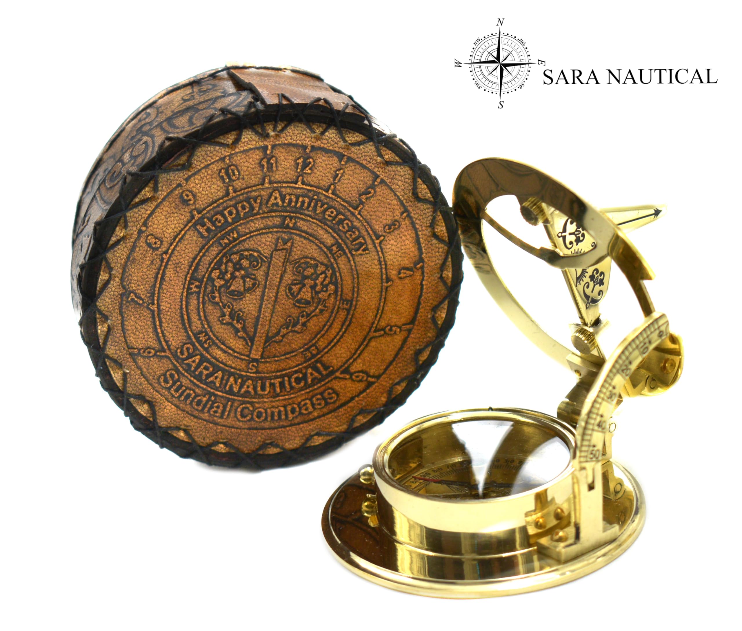 Polished Brass Sundial Compass with Genuine Leather Carry Case view 14