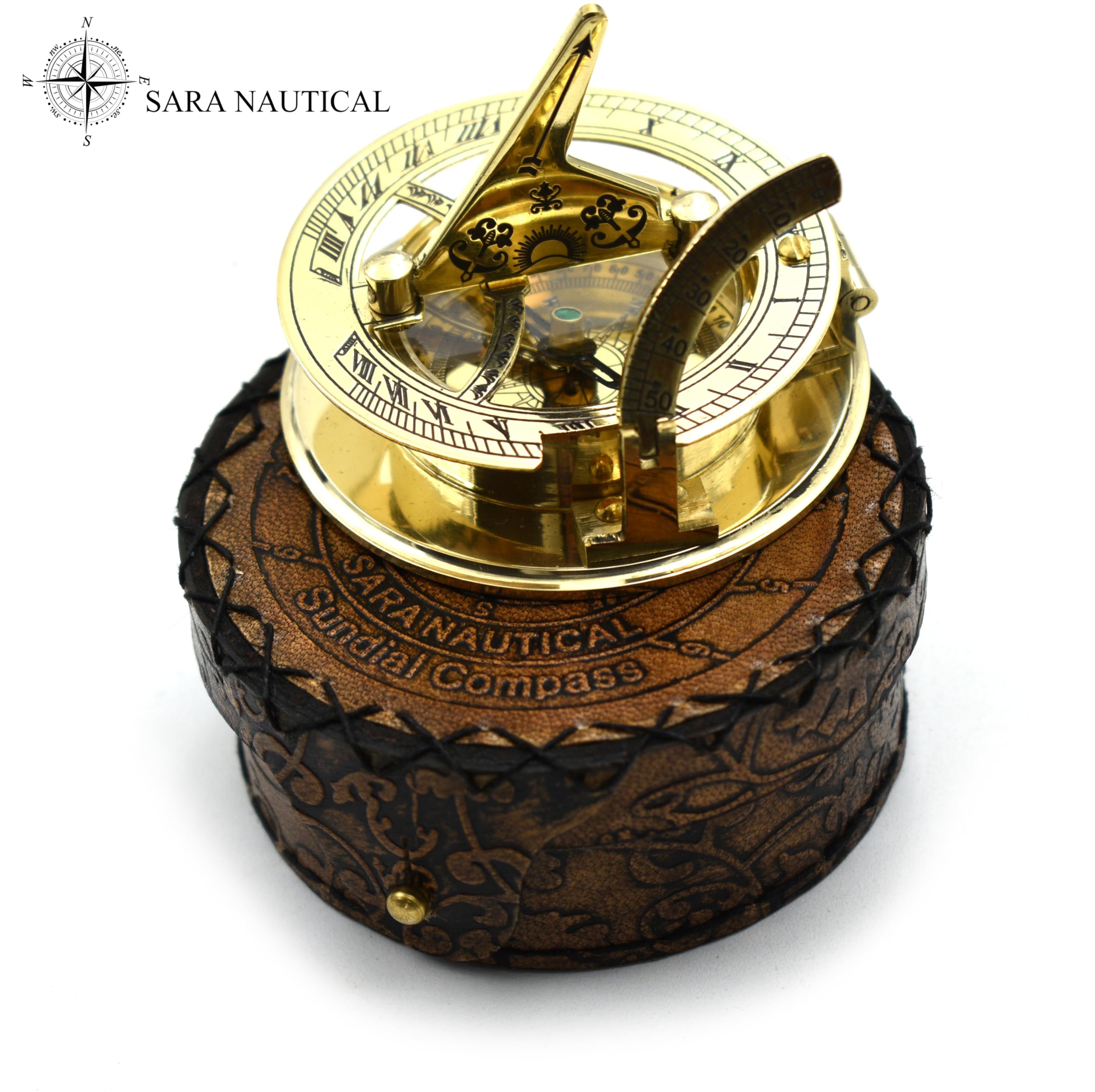 Polished Brass Sundial Compass with Genuine Leather Carry Case view 16