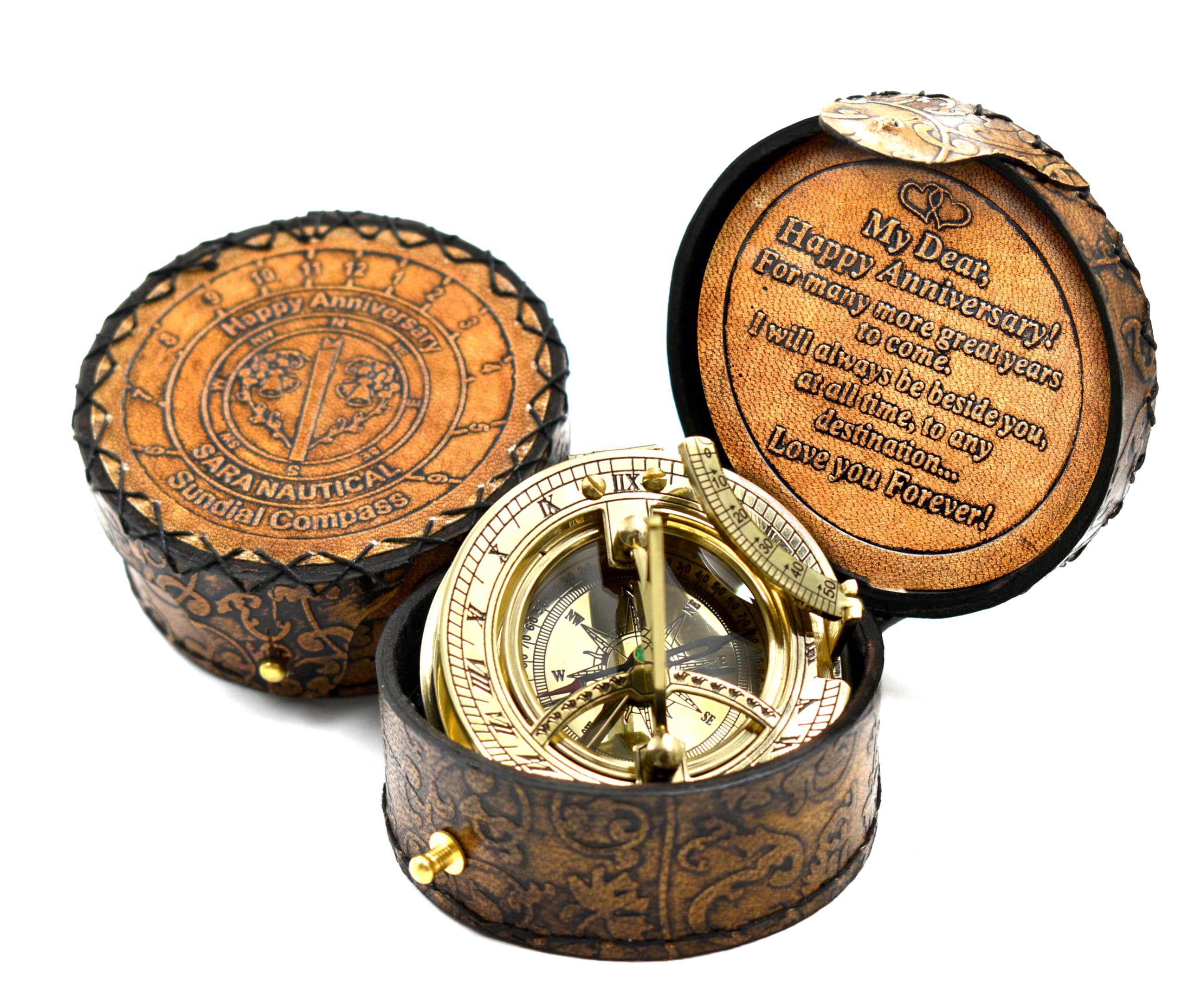 Polished Brass Sundial Compass with Genuine Leather Carry Case view 18