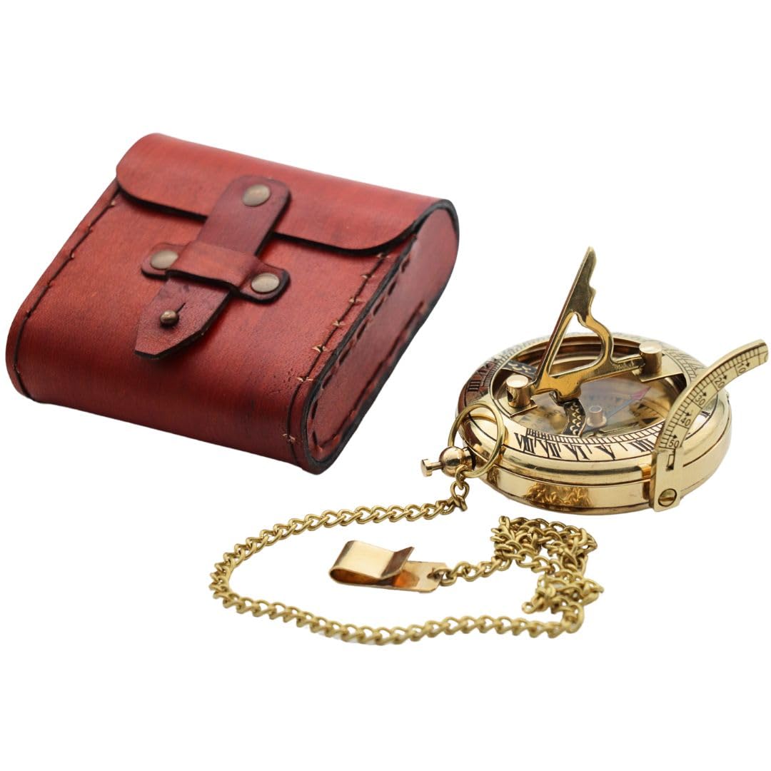 Antique Brass Sundial Compass with Red Leather Case view 3