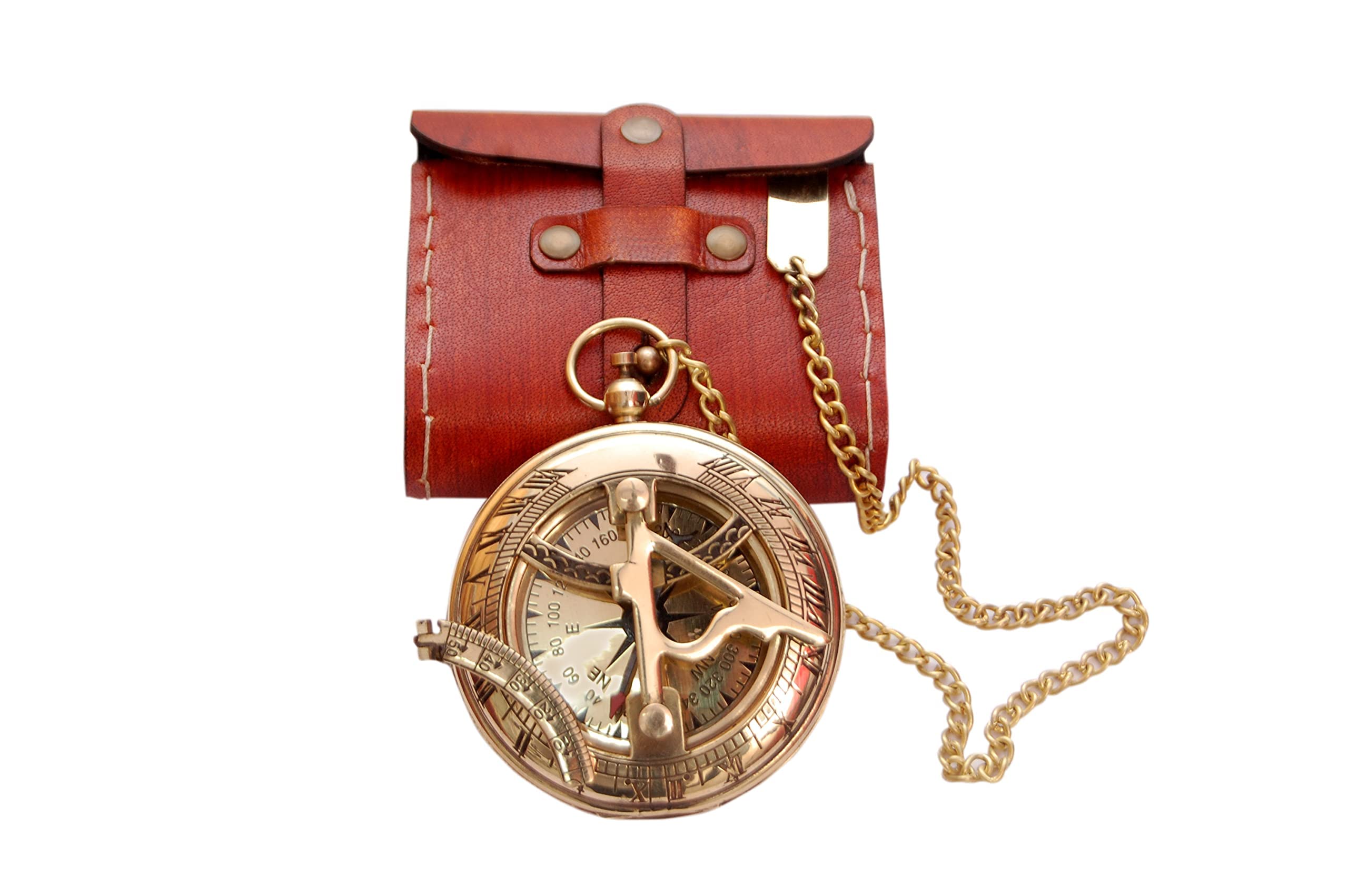 Antique Brass Sundial Compass with Red Leather Case view 11