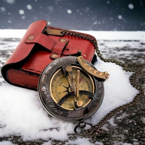 Antique Brass Sundial Compass with Red Leather Case view 3