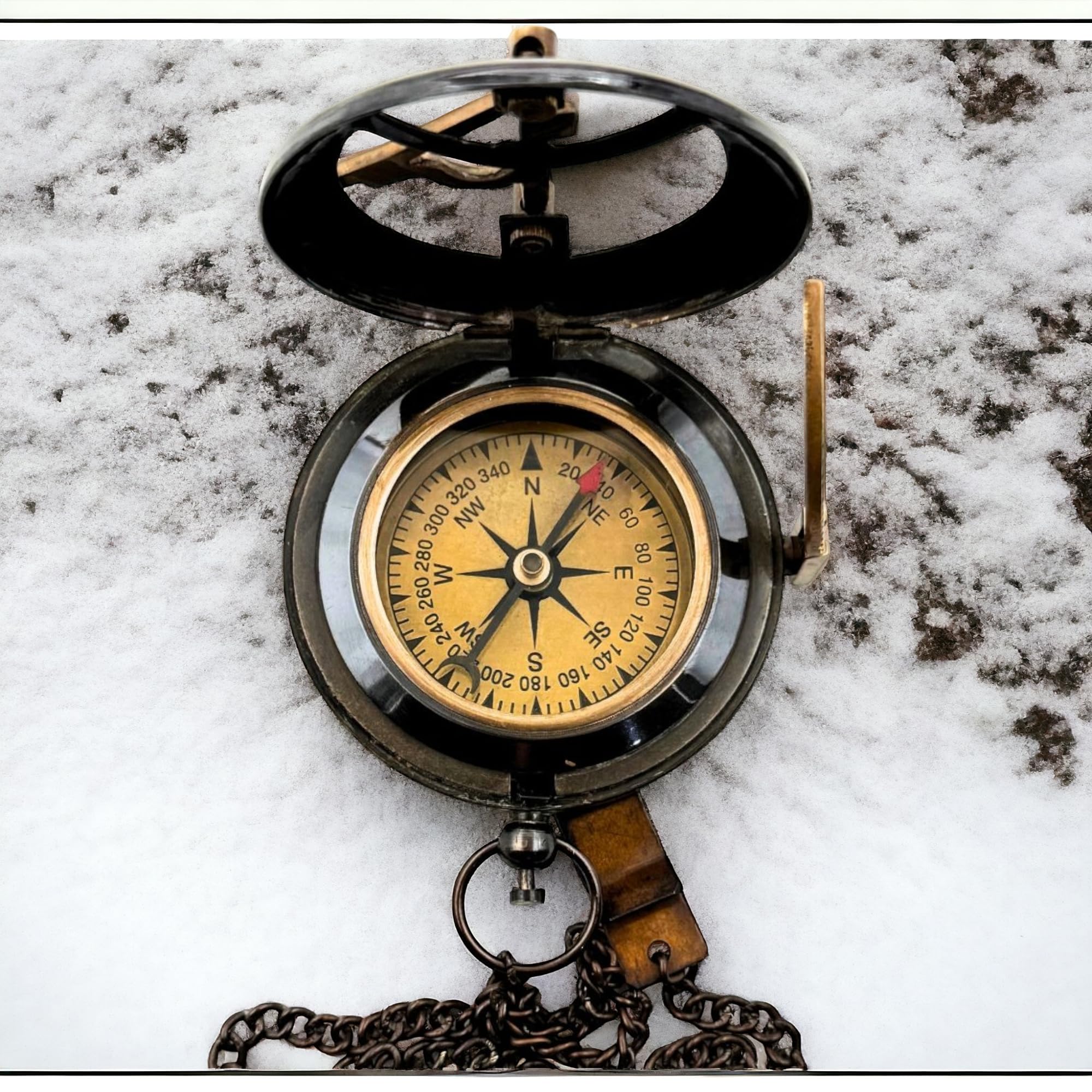 Antique Brass Sundial Compass with Red Leather Case view 4