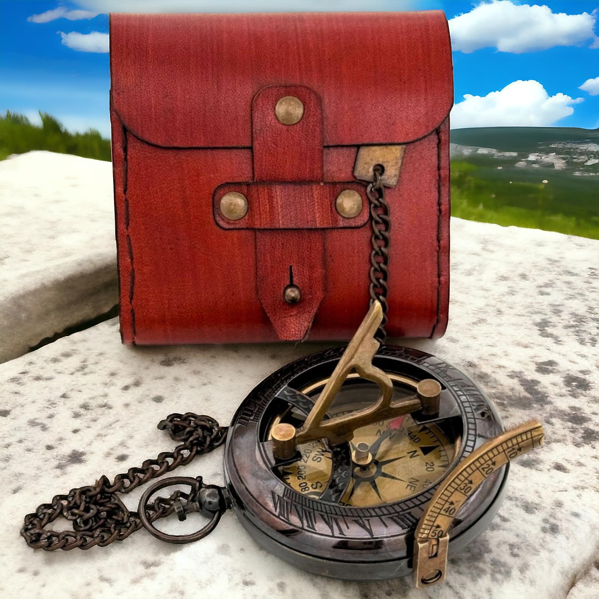 Antique Brass Sundial Compass with Red Leather Case view 6