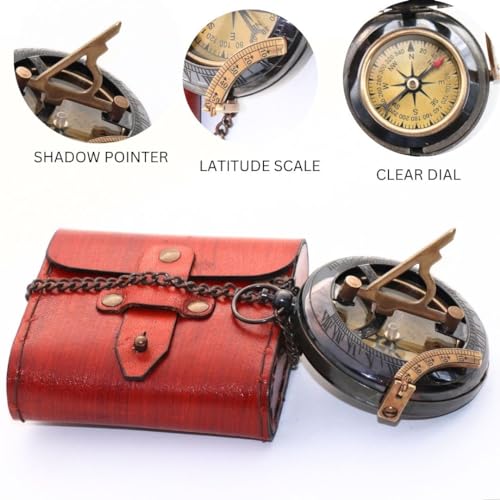 Antique Brass Sundial Compass with Red Leather Case view 9