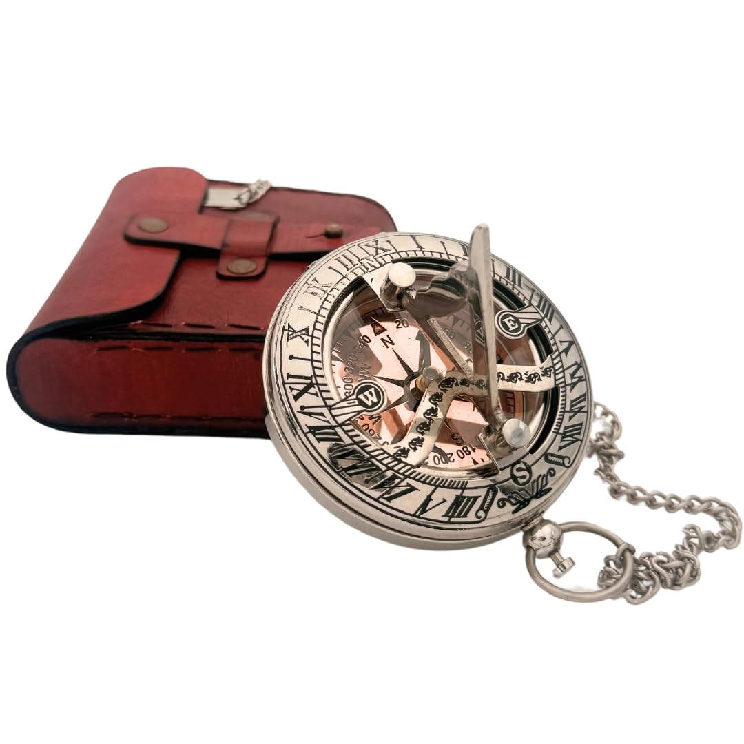 Nickel Chrome Brass Sundial Compass with Red Leather Case view 2