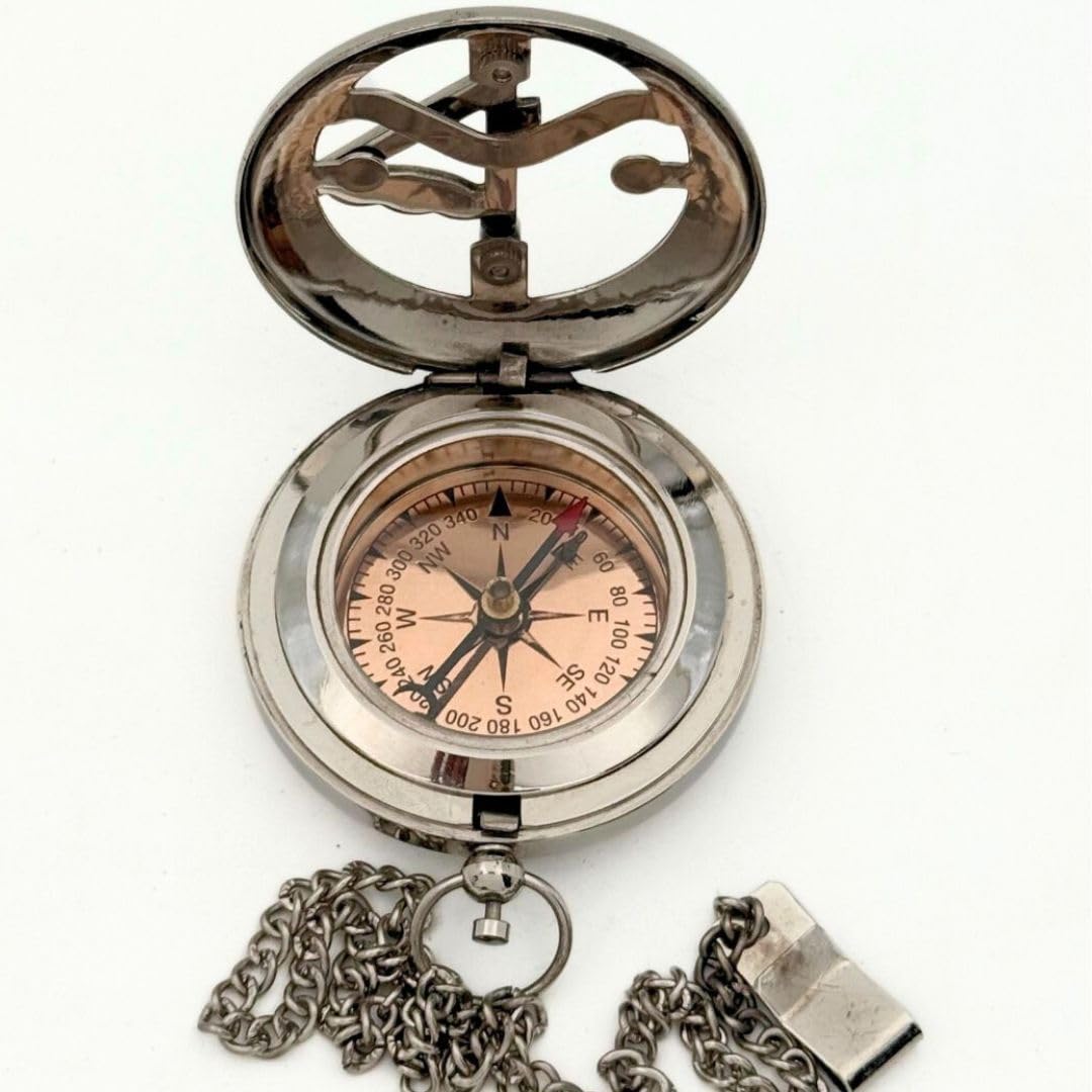 Nickel Chrome Brass Sundial Compass with Red Leather Case view 3