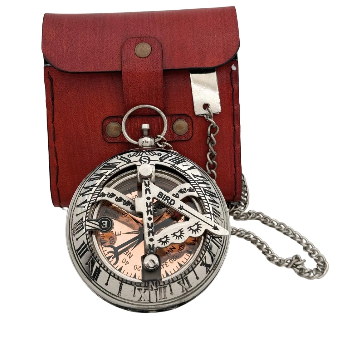 Nickel Chrome Brass Sundial Compass with Red Leather Case view 7