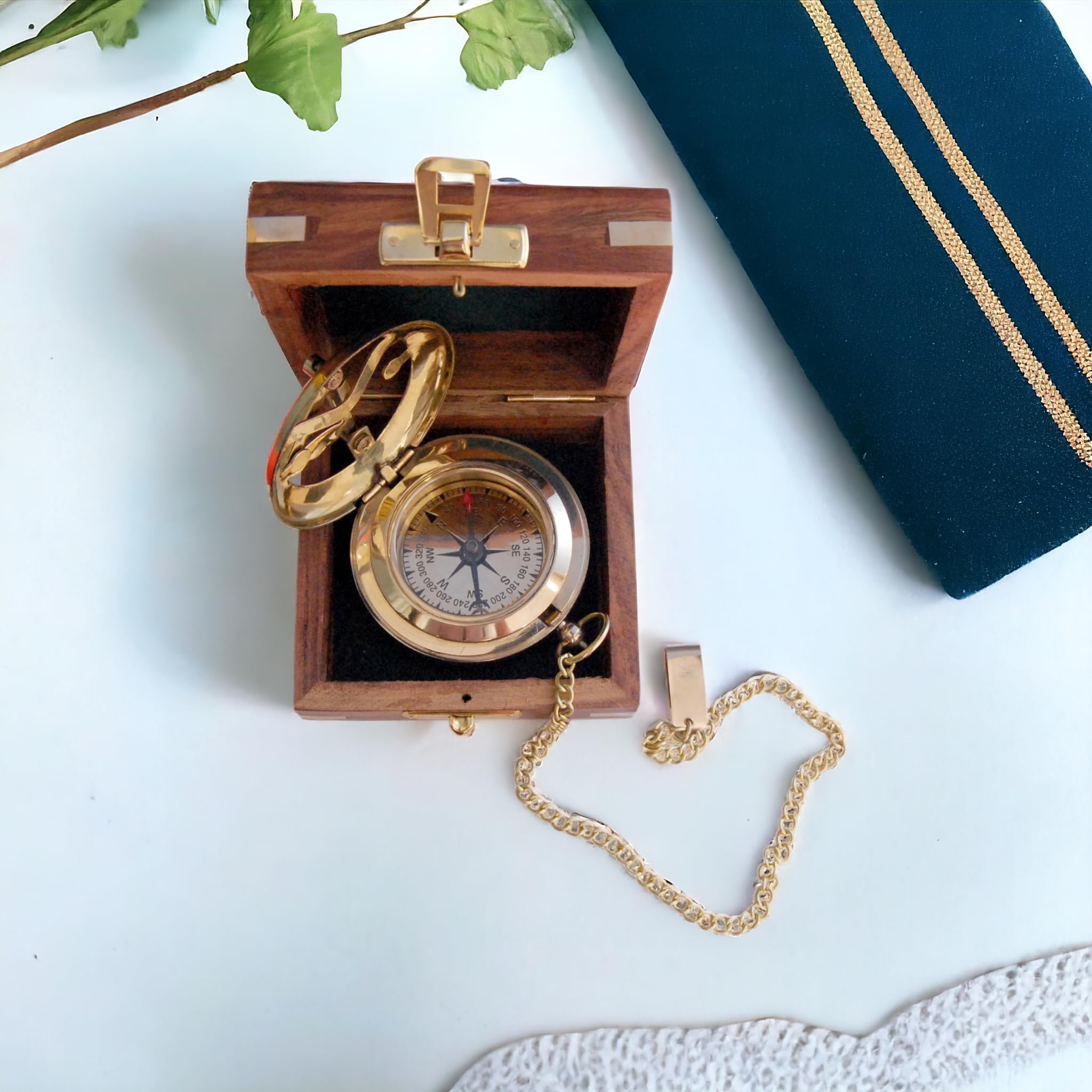 Polished Brass Sundial Compass with Fitted Wooden Presentation Box view 6
