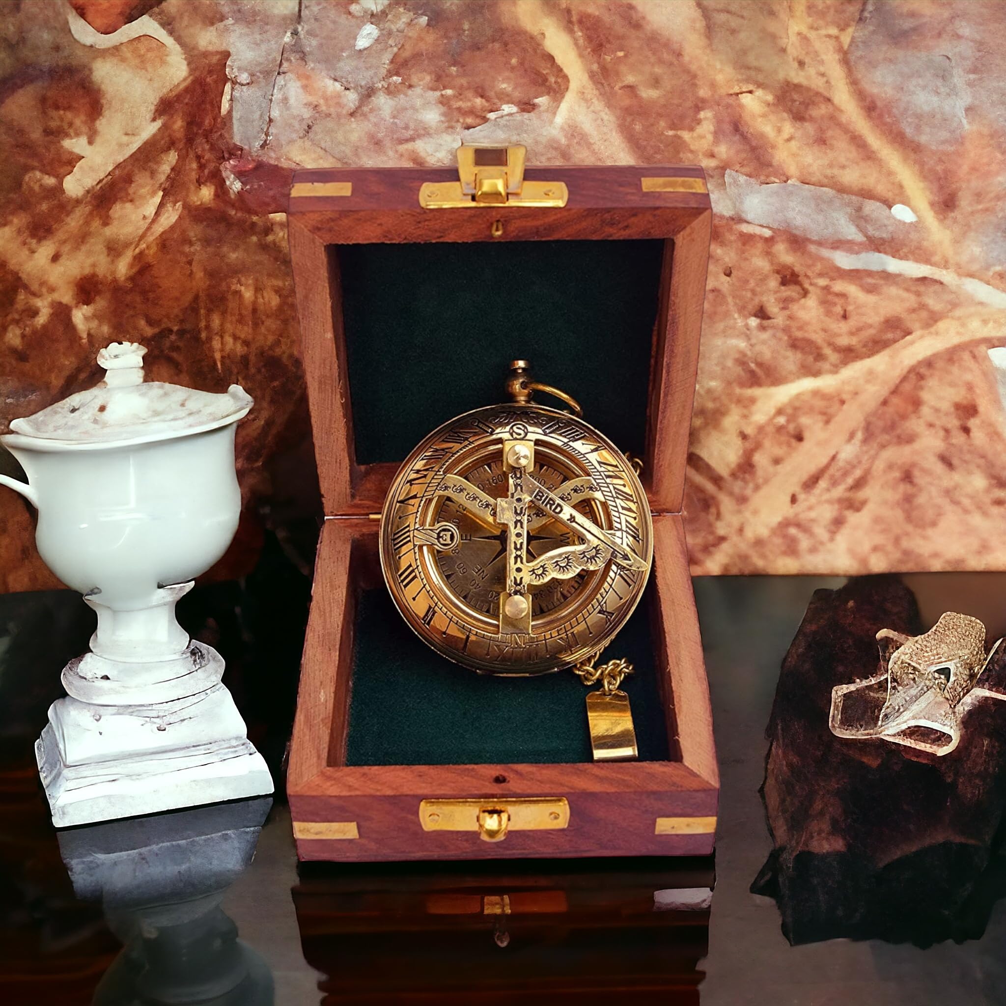 Polished Brass Sundial Compass with Fitted Wooden Presentation Box view 10