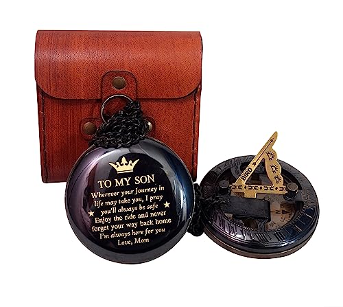 Black Antique Brass Sundial Compass with Red Leather Case view 2
