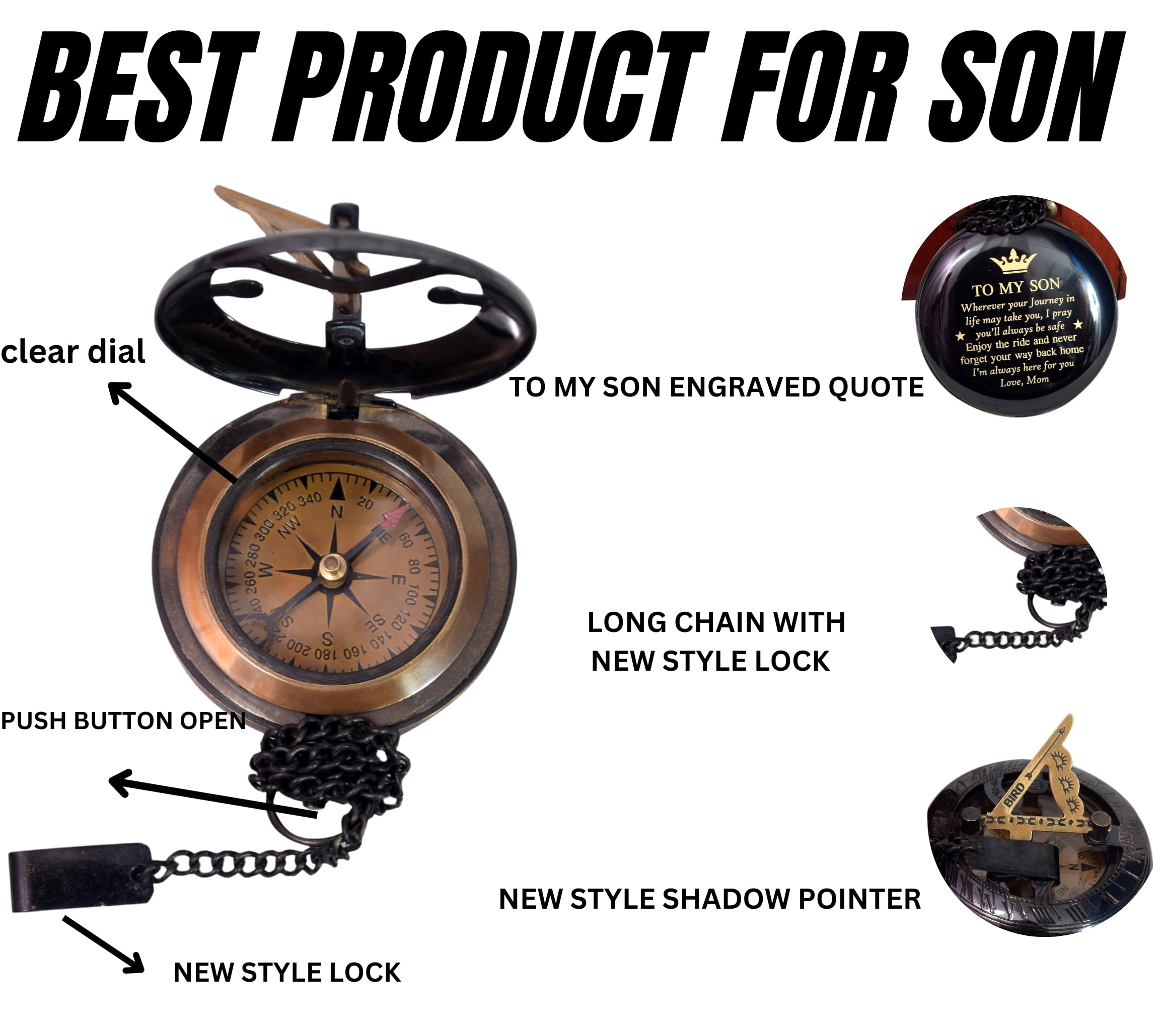 Black Antique Brass Sundial Compass with Red Leather Case view 3