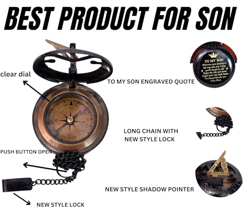 Black Antique Brass Sundial Compass with Red Leather Case view 4