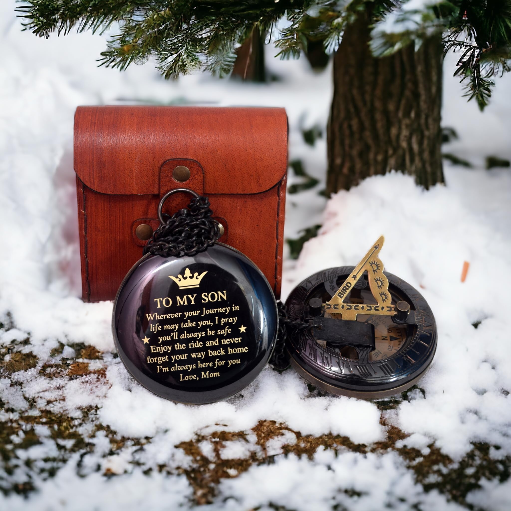 Black Antique Brass Sundial Compass with Red Leather Case view 6