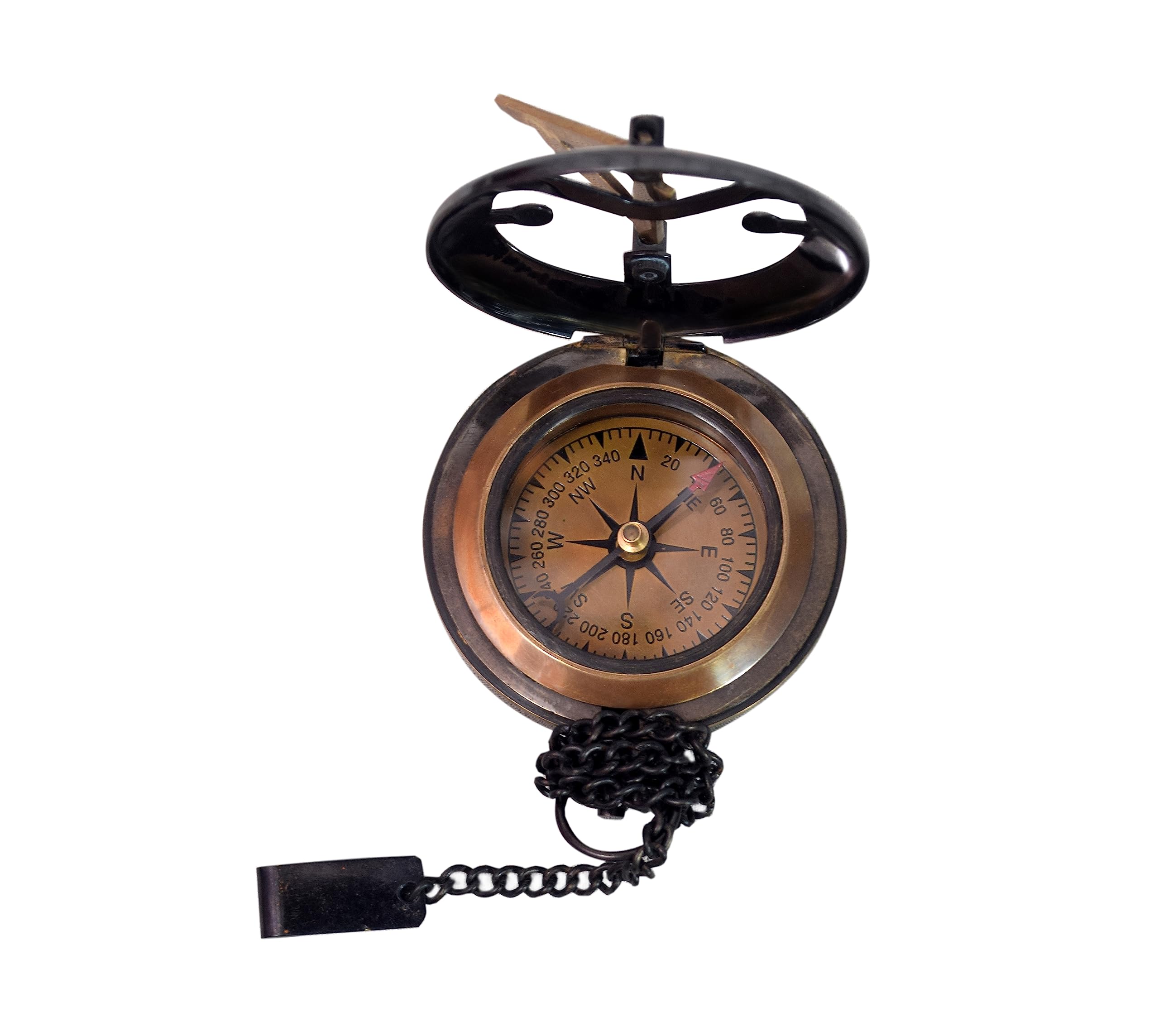 Black Antique Brass Sundial Compass with Red Leather Case view 10