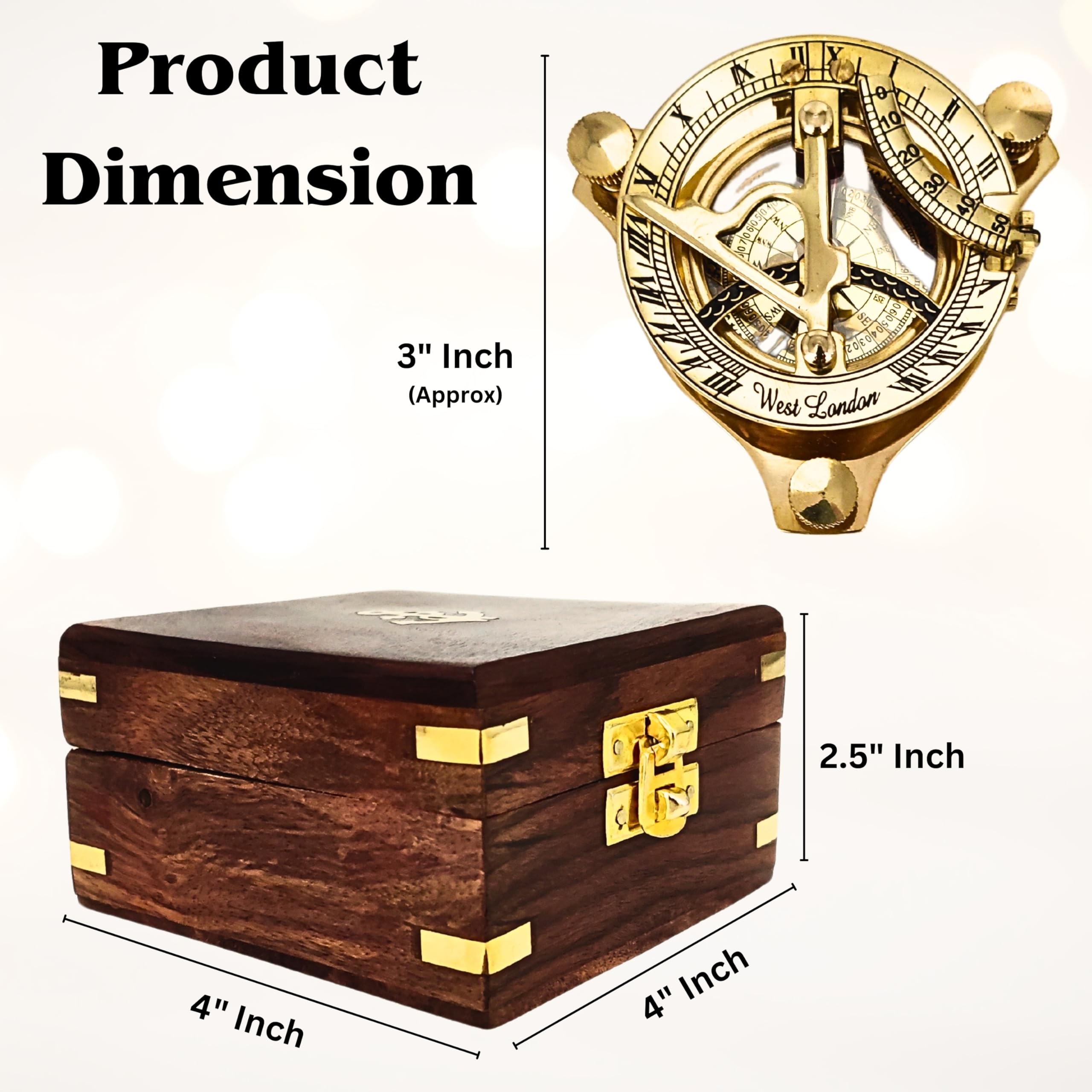 Polished Brass Sundial Compass with Fitted Wooden Presentation Box view 3