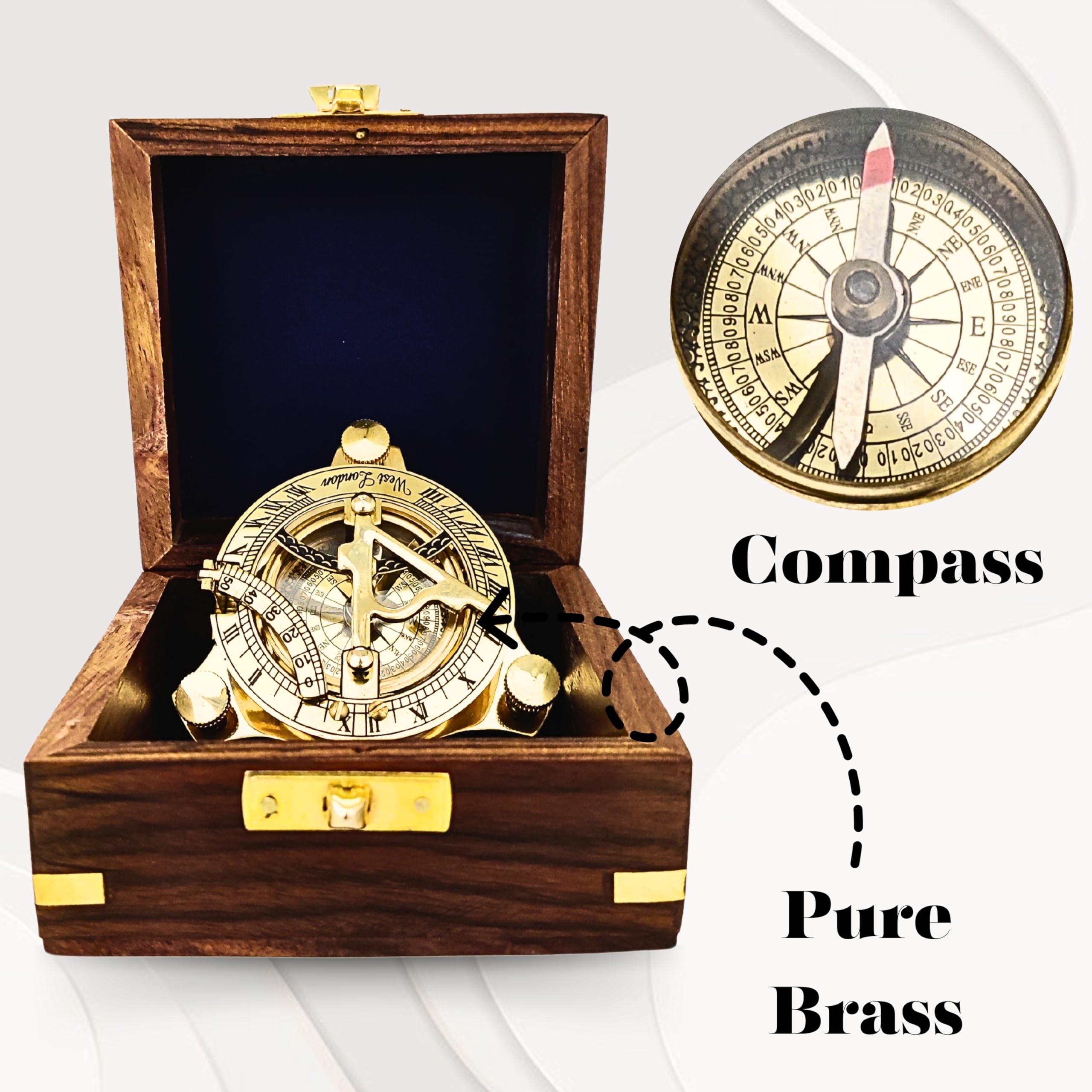 Polished Brass Sundial Compass with Fitted Wooden Presentation Box view 5