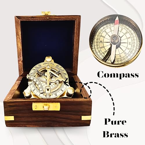 Polished Brass Sundial Compass with Fitted Wooden Presentation Box view 6