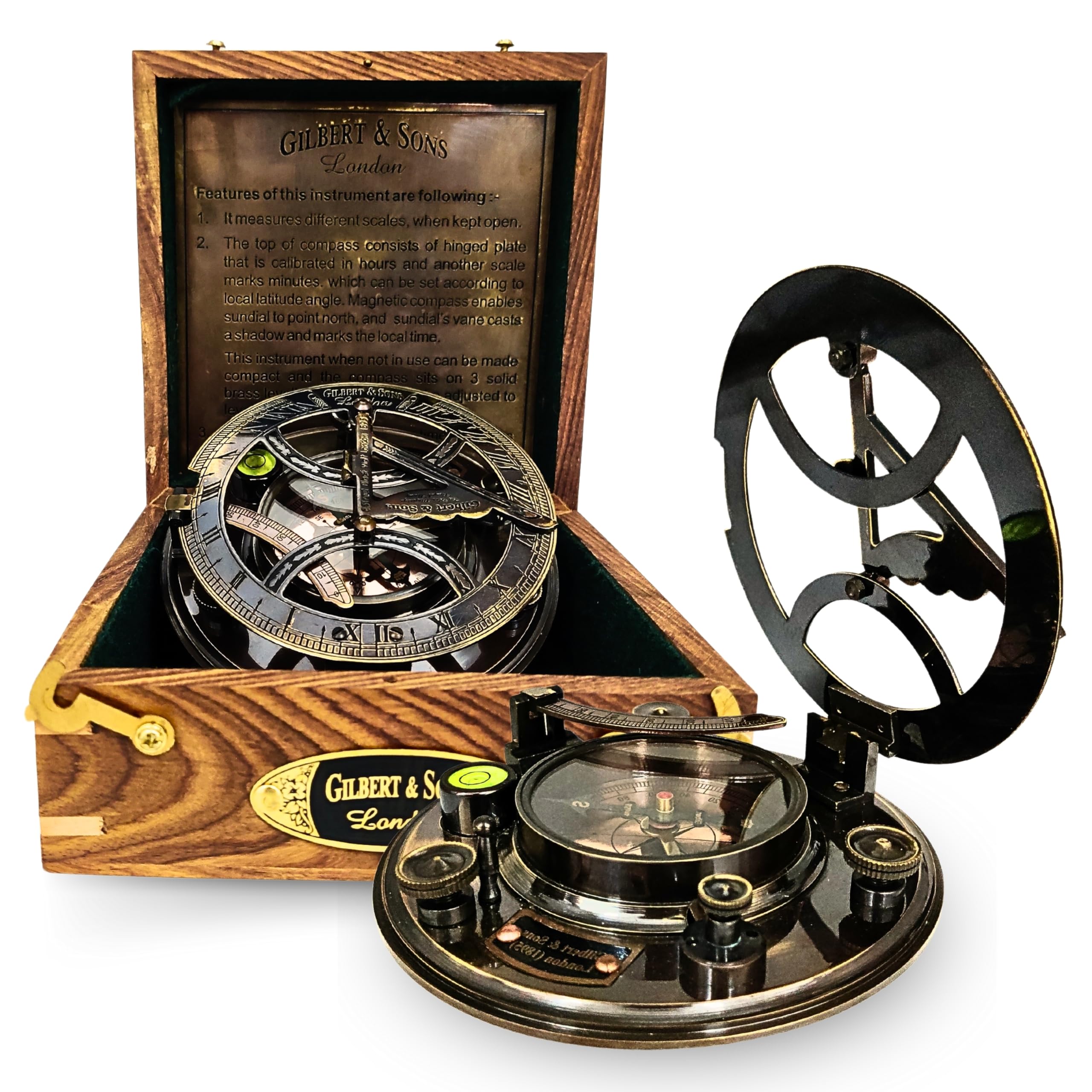 Polished Brass Sundial Compass with Fitted Wooden Presentation Box view 12