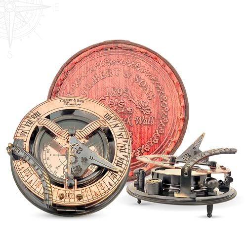 Black Antique Brass Sundial Compass with Red Leather Case view 4