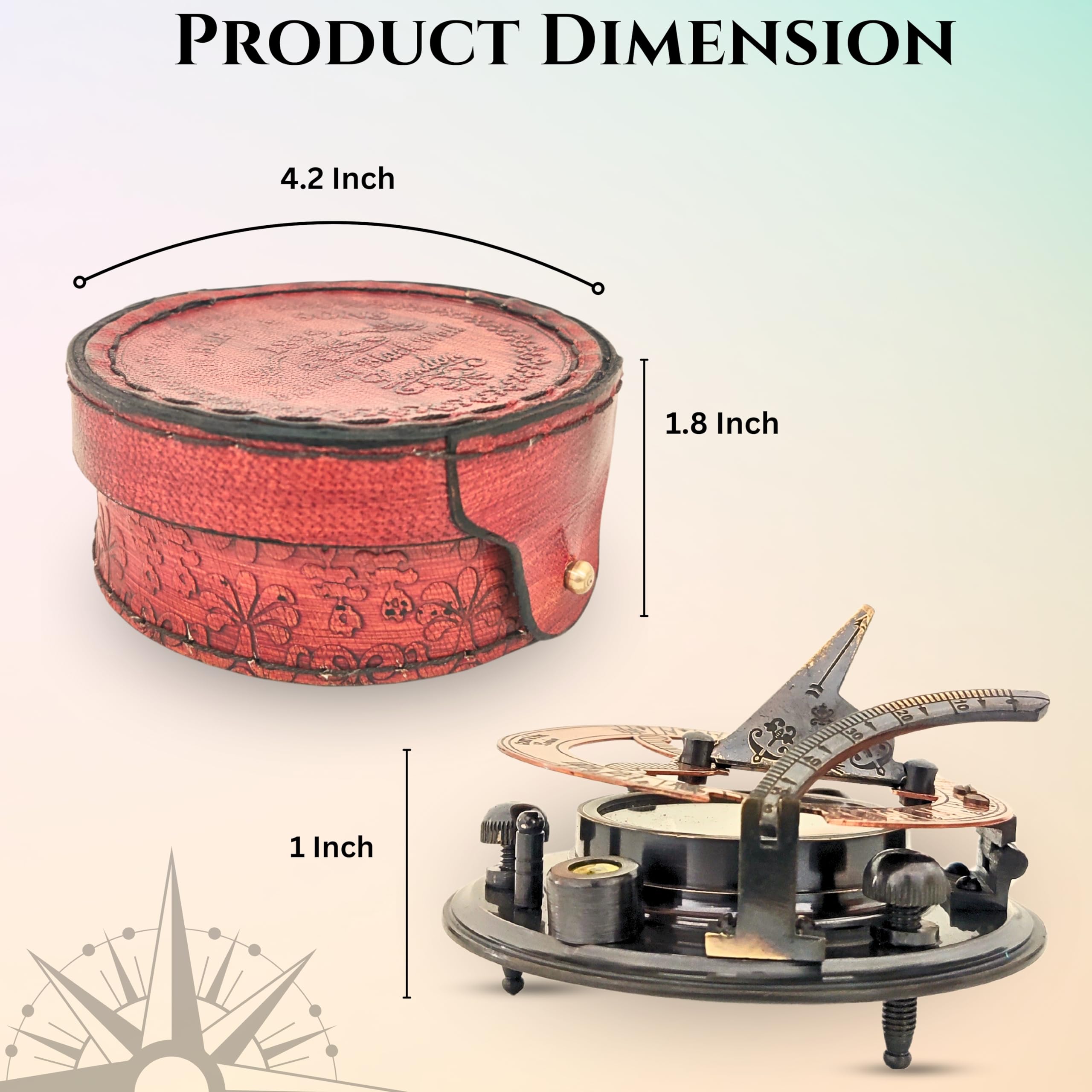 Black Antique Brass Sundial Compass with Red Leather Case view 5