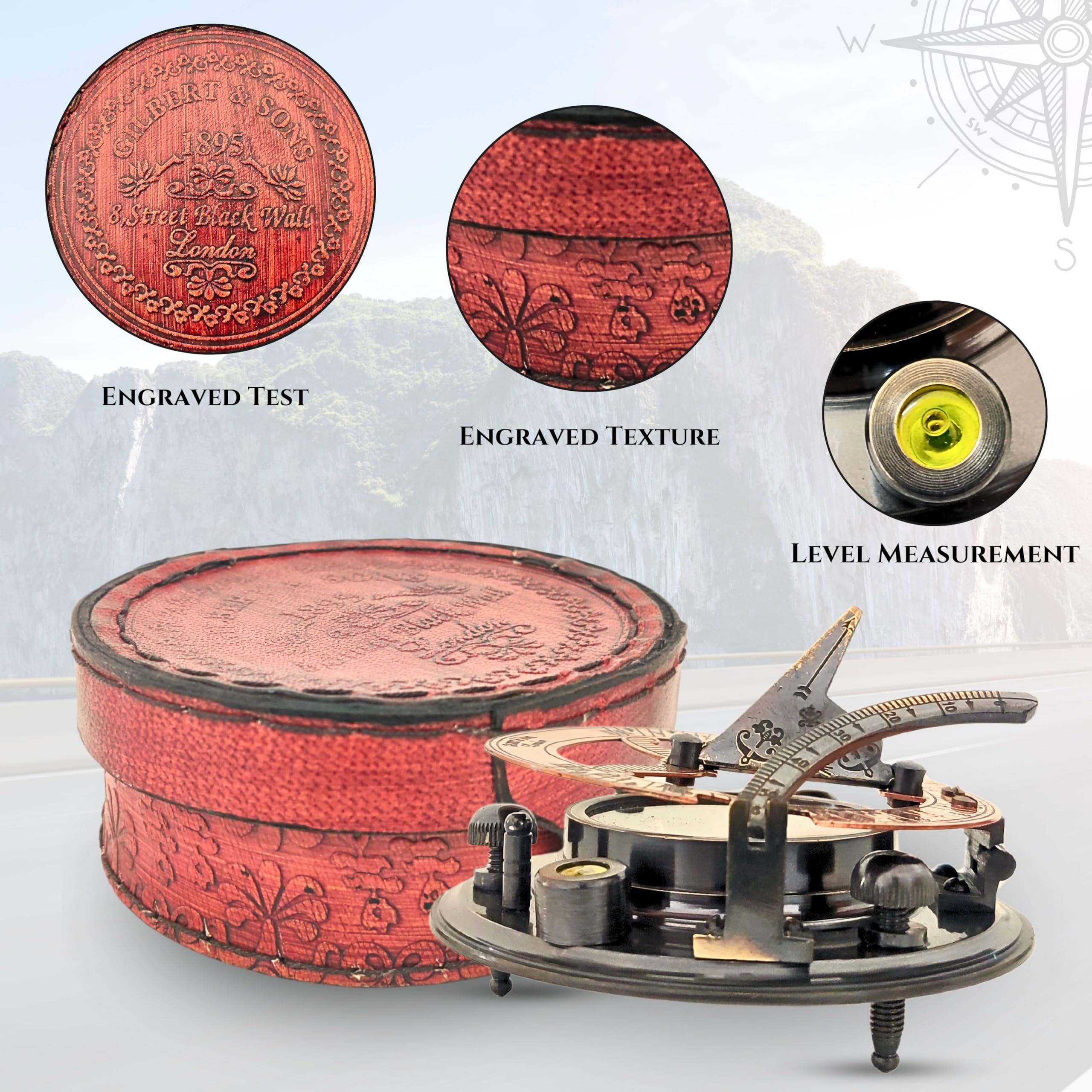 Black Antique Brass Sundial Compass with Red Leather Case view 7