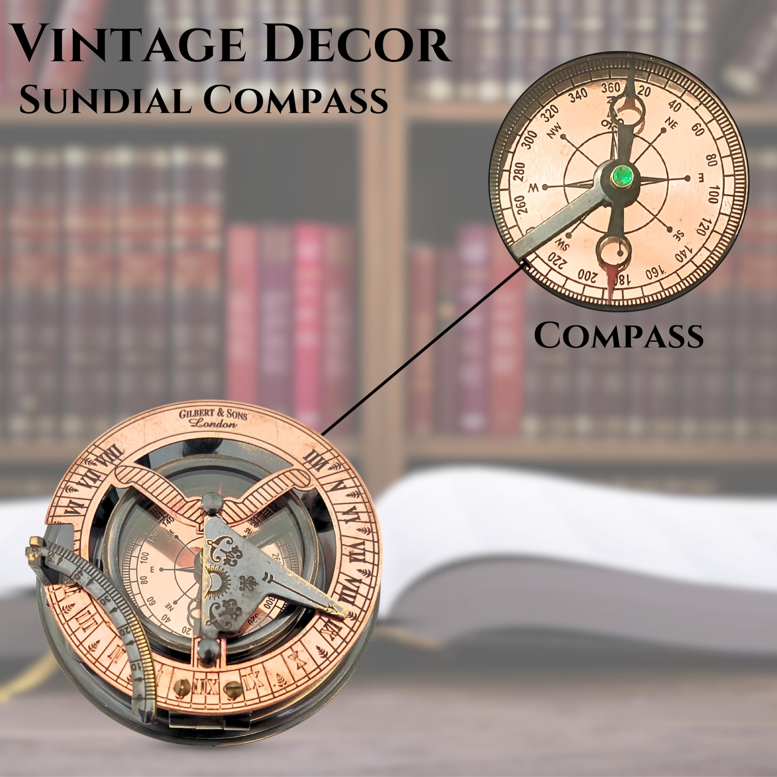 Black Antique Brass Sundial Compass with Red Leather Case view 9