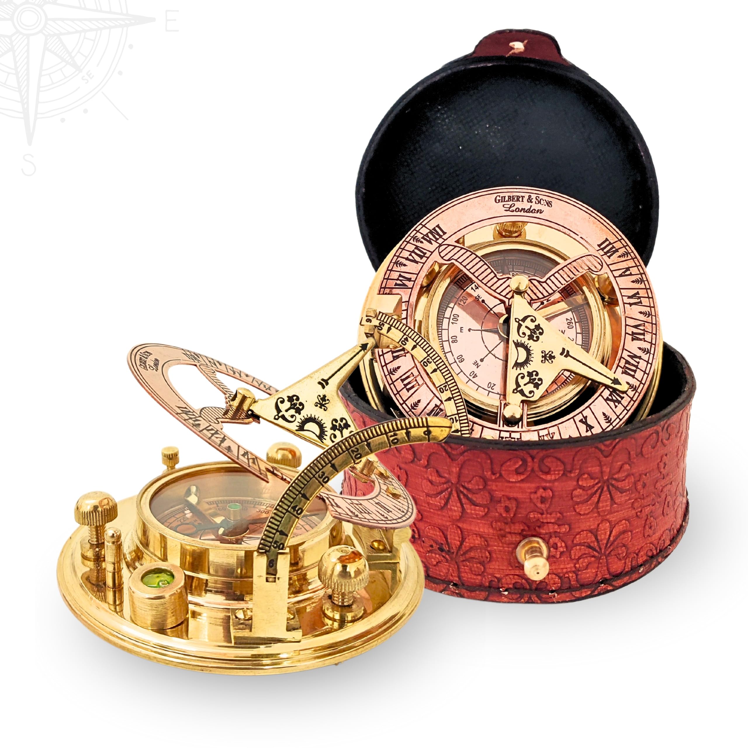 Black Antique Brass Sundial Compass with Red Leather Case view 18