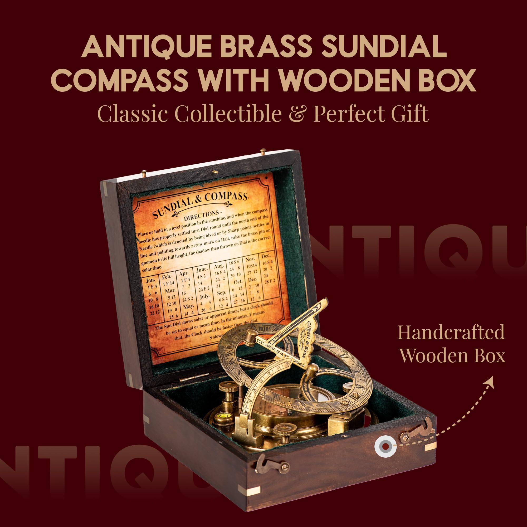 Antique Brass Sundial Compass with Black Wooden Presentation Box view 3
